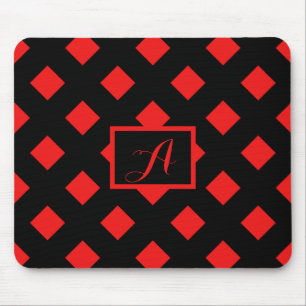 Retro Black & Red Diamond Pattern Monogram Mouse Mat