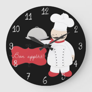 Retro Black Red & White Chef Bon Appetit! Large Clock