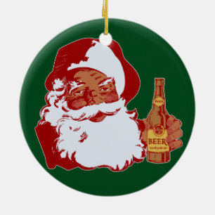 Retro Black Santa Claus with Beer Christmas Funny Ceramic Tree Decoration