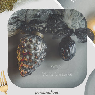 Retro Black Silver Christmas Ornaments with Ribbon Paper Plate