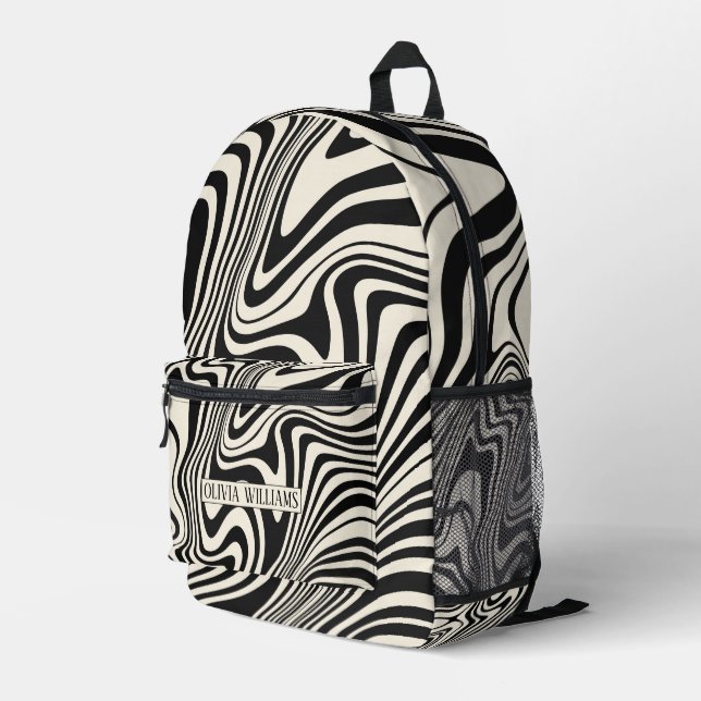 Retro Black Swirl Abstract Pattern Printed Backpack (Back Corner Right)