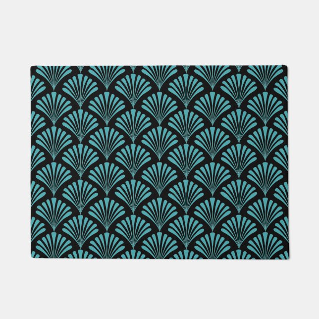Retro black turquoise art deco fans pattern doormat (Front)