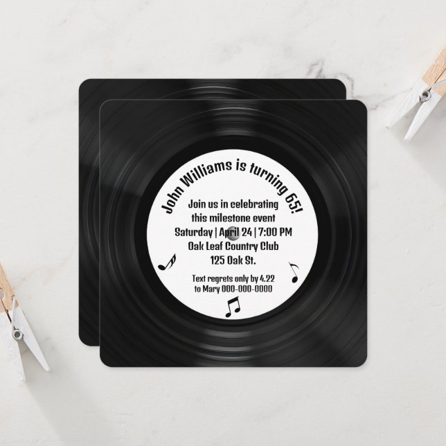 Retro Black Vinyl LP Record 65th Birthday Party Invitation (Front/Back In Situ)