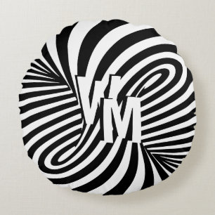 Retro Black White Abstract Zebra Pattern Initials Round Cushion