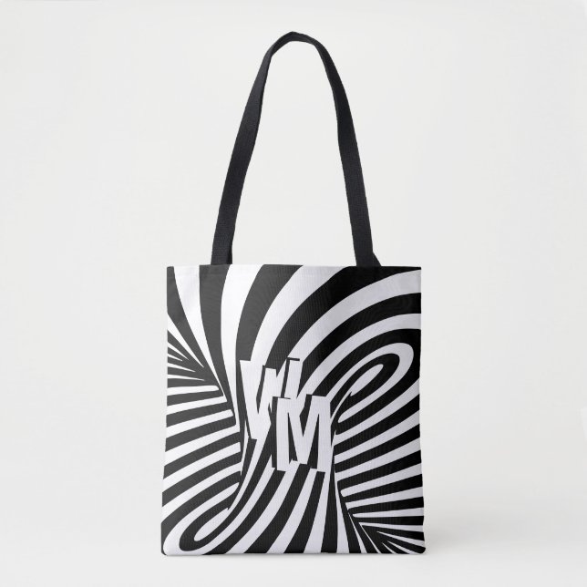 Retro Black White Abstract Zebra Pattern Initials Tote Bag (Front)