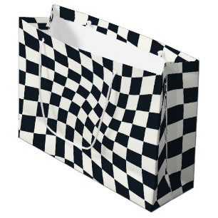 Retro Black White Checked Warped Checkered  Large Gift Bag