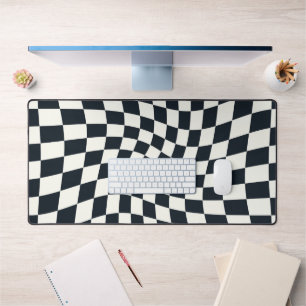 Retro Black White Checked Warped Chequered Desk Mat