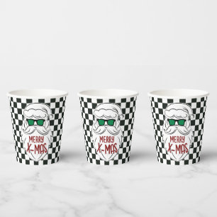 Retro Black White Checkered Santa Claus Christmas Paper Cups