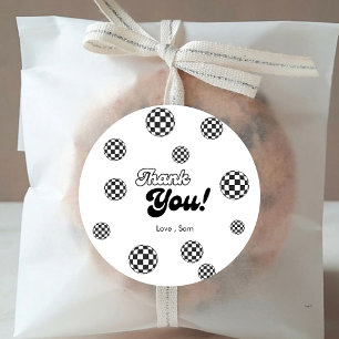 Retro Black & White Checkered Thankyou Birthday   Classic Round Sticker