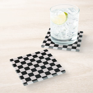 Retro Black White Checks Chequerboard Pattern  Glass Coaster