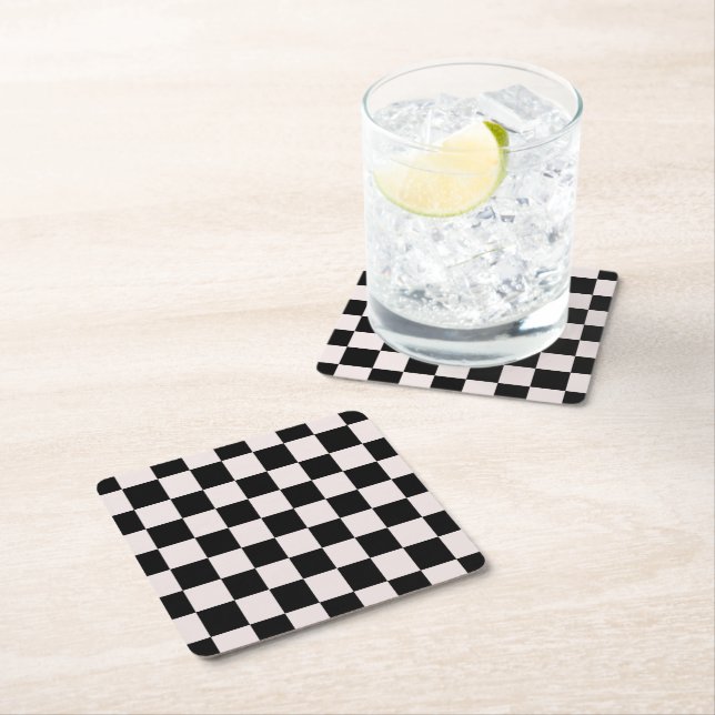 Retro Black White Checks Chequerboard Pattern  Square Paper Coaster (Insitu)