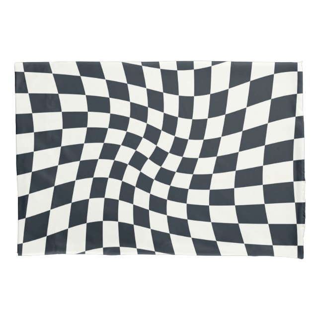 Retro Black White Checks Warped Chequered Dorm Pillowcase (Front)