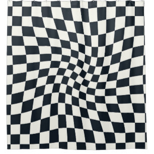 Retro Black White Checks Warped Chequered Shower Curtain