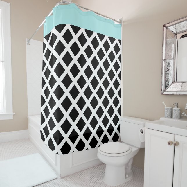 Retro Black & White Chequerboard w Aqua Border Shower Curtain (In Situ)