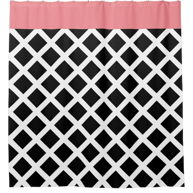 Retro Black & White Chequerboard w Pink Border Shower Curtain (Front)