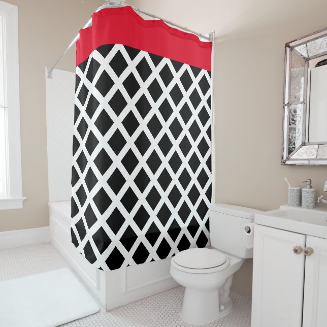 Retro Black & White Chequerboard w Red Border Shower Curtain (In Situ)