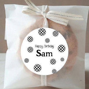 Retro Black & White Chequered Happy Birthday Name  Classic Round Sticker
