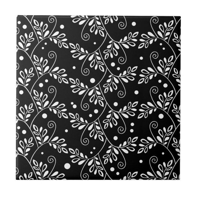 Retro black white floral Tile (Front)