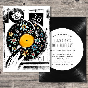 Retro Black White Floral Turntable Birthday Custom Invitation