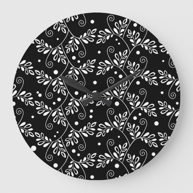 Retro black white floral Wall Clock (Front)