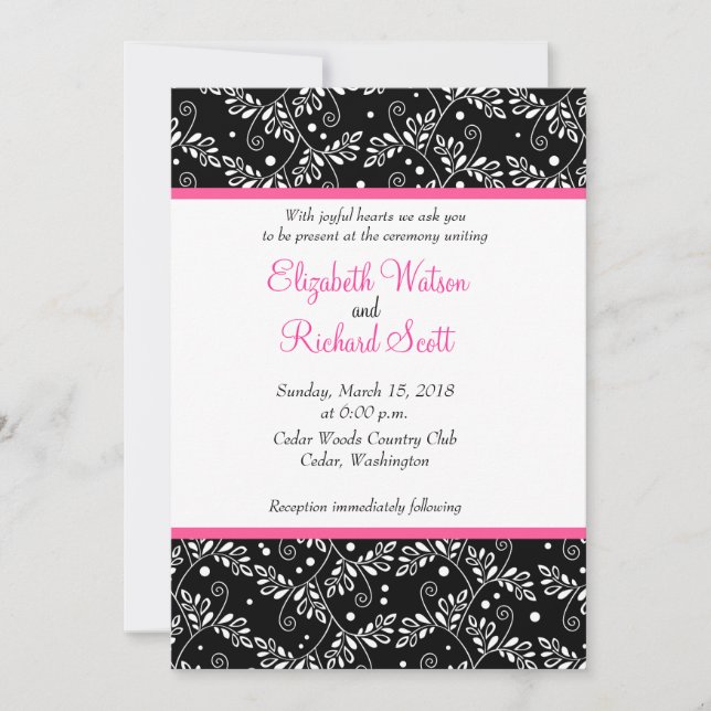 Retro black white floral wedding invitation (Front)