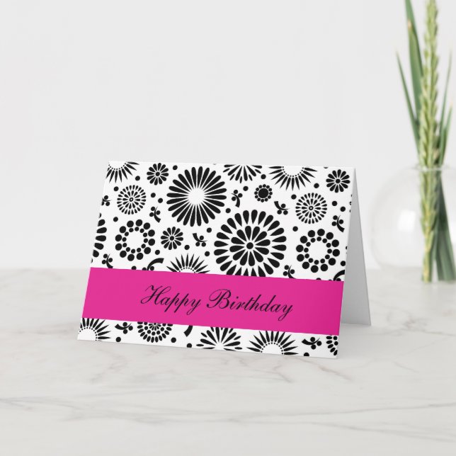 Retro black white flowers Birthday Card (Front)