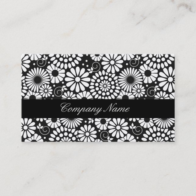 Retro black white flowers Business Card (Front)