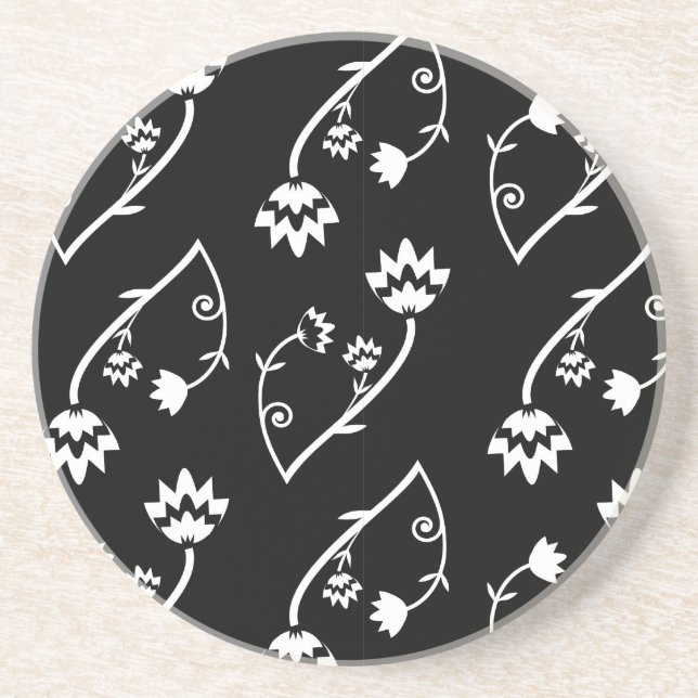 Retro black white flowers coaster (Front)