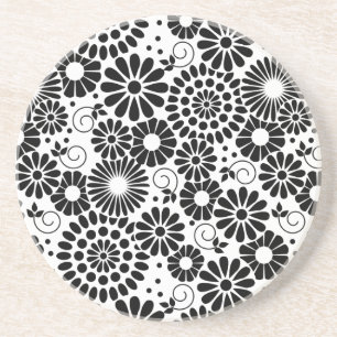 Retro black white flowers coaster