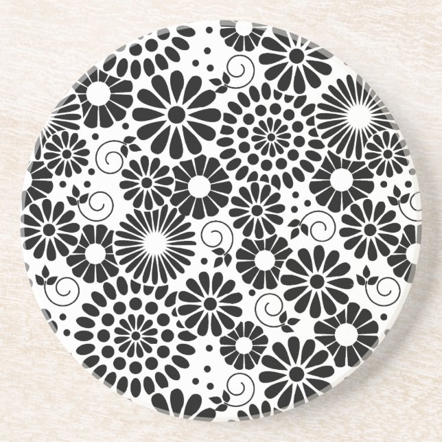 Retro black white flowers coaster (Front)