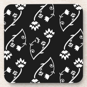 Retro black white flowers Cork Coaster