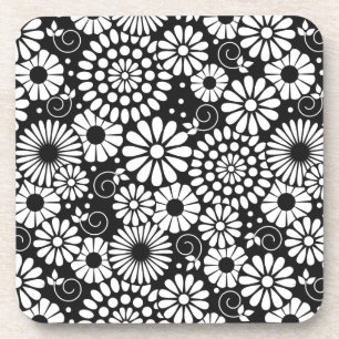Retro black white flowers Cork Coaster