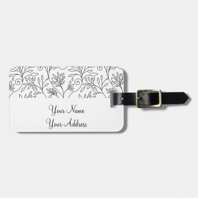 Retro black white flowers Luggage Tag (Front Horizontal)
