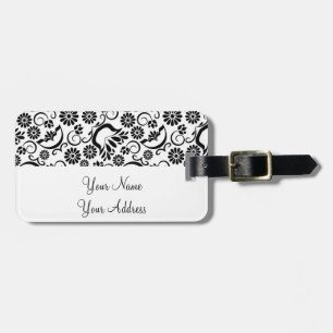 Retro black white flowers Luggage Tag