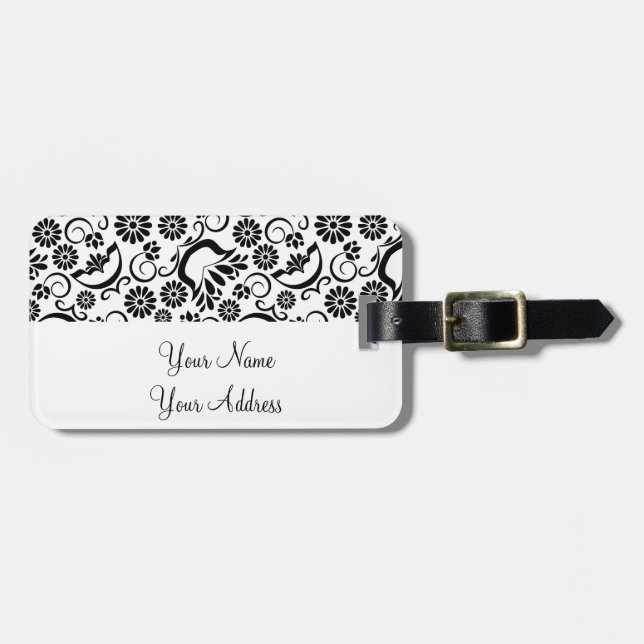 Retro black white flowers Luggage Tag (Front Horizontal)