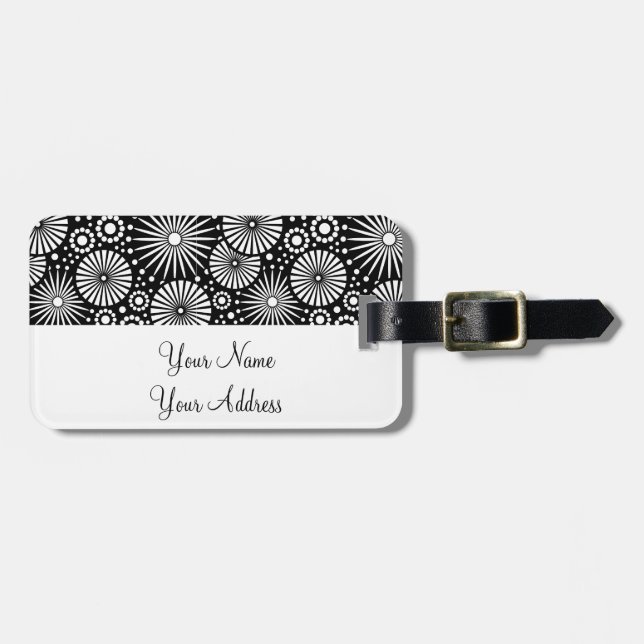 Retro black white flowers Luggage Tag (Front Horizontal)