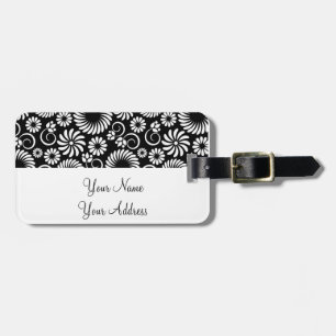 Retro black white flowers Luggage Tag
