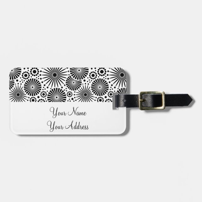 Retro black white flowers Luggage Tag (Front Horizontal)
