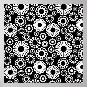 Retro black white flowers Poster