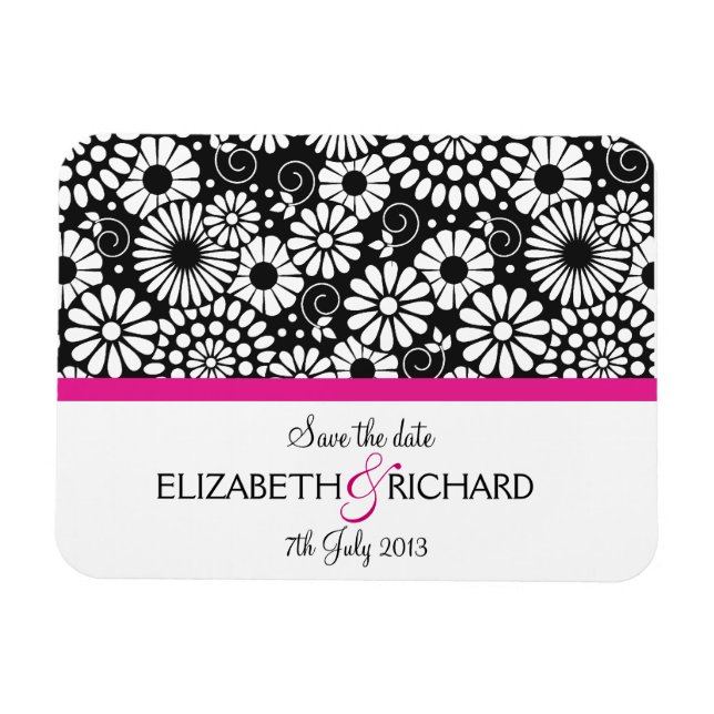 Retro black white flowers 'Save the date' Magnet (Horizontal)