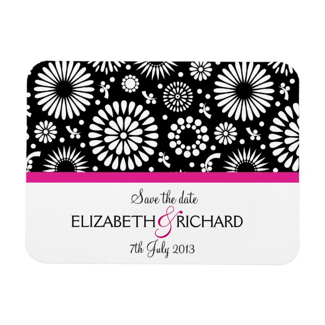 Retro black white flowers 'Save the date' Magnet (Horizontal)