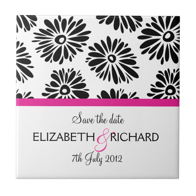 Retro black white flowers "Save the date" Tile (Front)