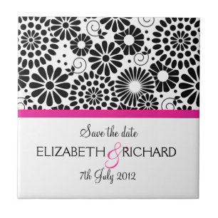 Retro black white flowers "Save the date" Tile