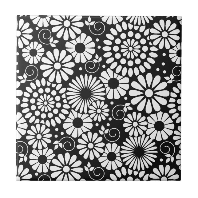 Retro black white flowers Tile (Front)