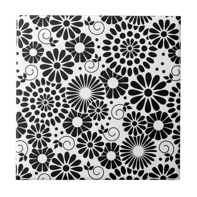 Retro black white flowers Tile (Front)