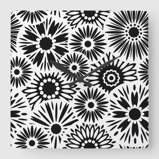 Retro black white flowers Wall Clock (Front)