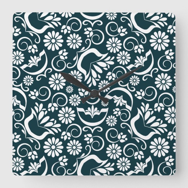 Retro black white flowers Wall Clock (Front)