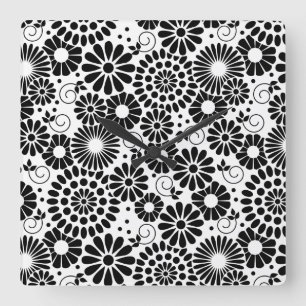 Retro black white flowers Wall Clock