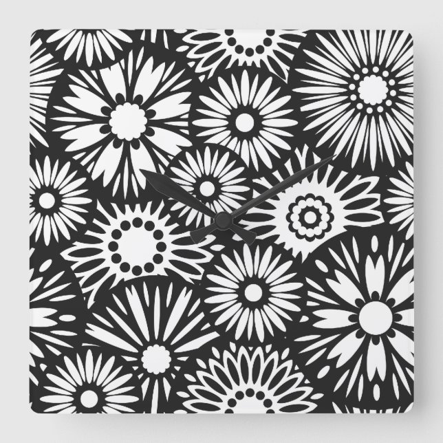 Retro black white flowers Wall Clock (Front)