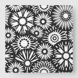 Retro black white flowers Wall Clock